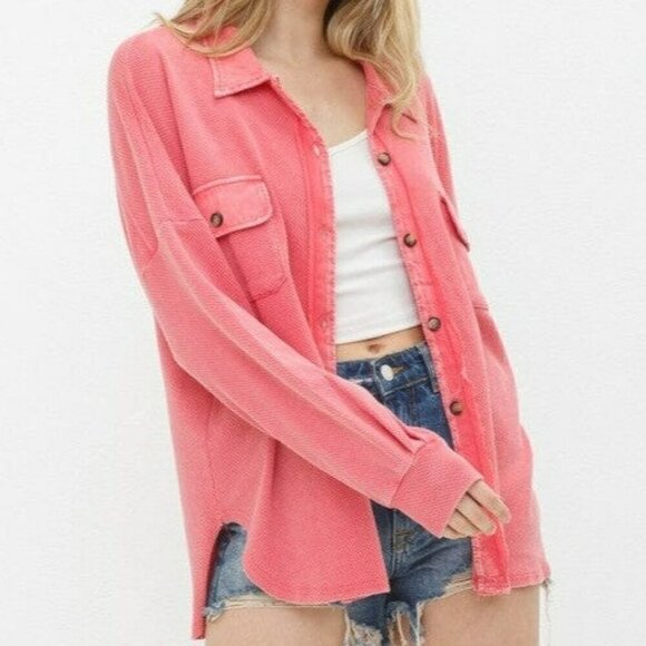 Not Your Boyfriend's Textured Knit Shirt Jacket in Coral - Picture 1 of 6